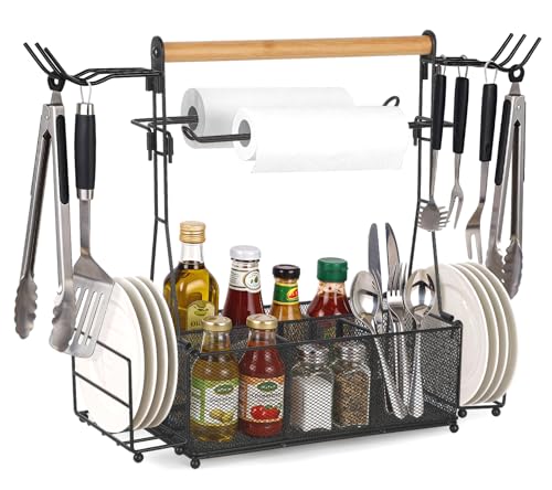 PWSOMJ Grill Caddy Barbecue Tool Sets for Outdoor Grill Picnic BBQ Caddy Picnic Utensil Condiment Organizer BBQ Accessories Camping Gifts with Paper Towel Holders Compartments & Hooks