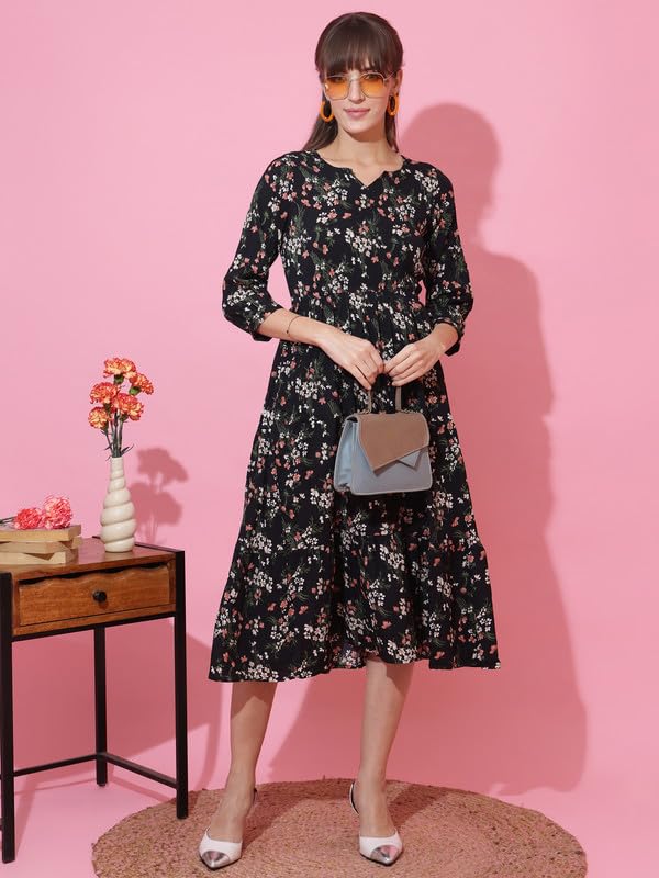 Image of Sheetal Associates Women's Casual 3 /4 Sleeve Crepe Fit and Flare Dress| Comfortable Relaxed Fit Summer Party Dress