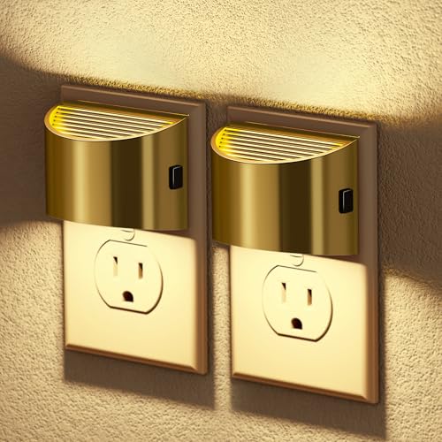 Image of JandCase LED Night Lights Plug into Wall, 2 Pack Gold Modern Night Lights, Dusk to Dawn Sensor Nightlight,0-100LM Brightness Adjustable, 3000K Soft White
