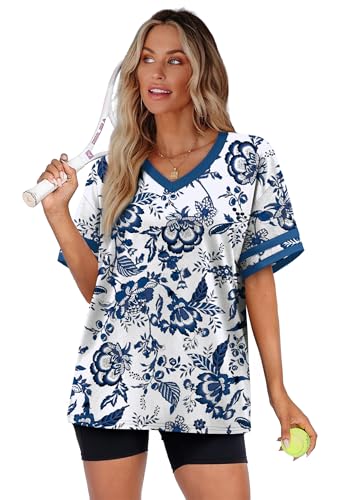 Image of WIHOLL Womens T Shirts Loose Fit Short Sleeve Tees V Neck Color Block Summer Tops 2026 Fashion S-4XL