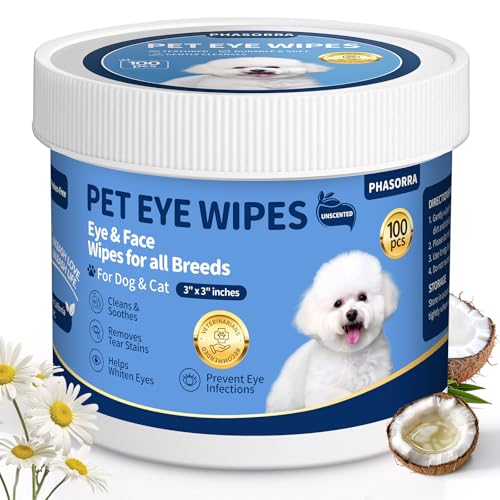 PHASORRA Dog Eye Wipes, Eye Wipes for Dogs & Cat, Gently Remove Tear Stain, Eye Debris, Discharge, Mucus - 100pcs