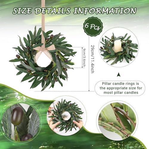 Image of 6 Pcs Artificial Spring Olive Candle Rings Wreaths Greenery Wreath with Olive Leaves Spring Summer Kitchen Cabinet Wreath for Pillars Farmhouse Festival Wedding Celebrations Tabletop Decoration