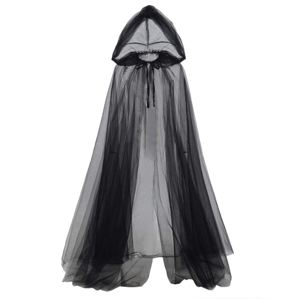 Graceart Women's Black Medieval Halloween Costume Hood Tulle Cloak For Cosplay Vintage Vampire Horror Bride Long Cloaks Cape (Black)