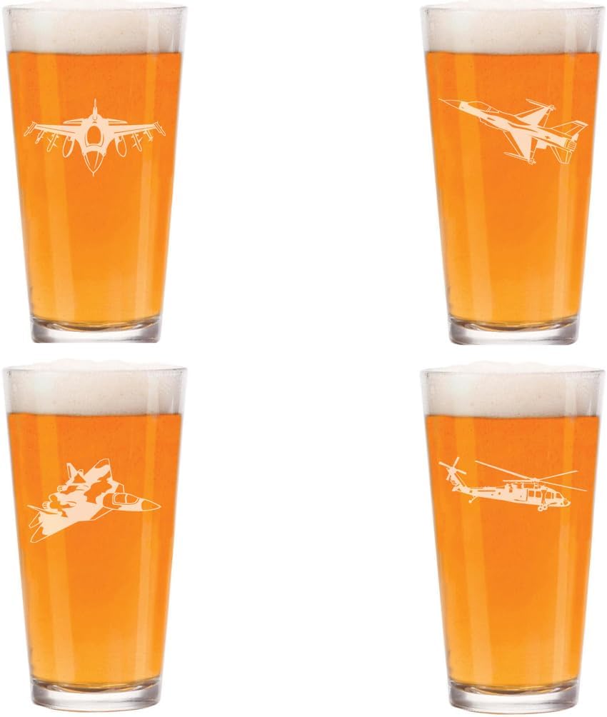 MIP 16 oz Beer Pint Glass Gift Set Of 4 Military Aviation Military Planes and Helicopter