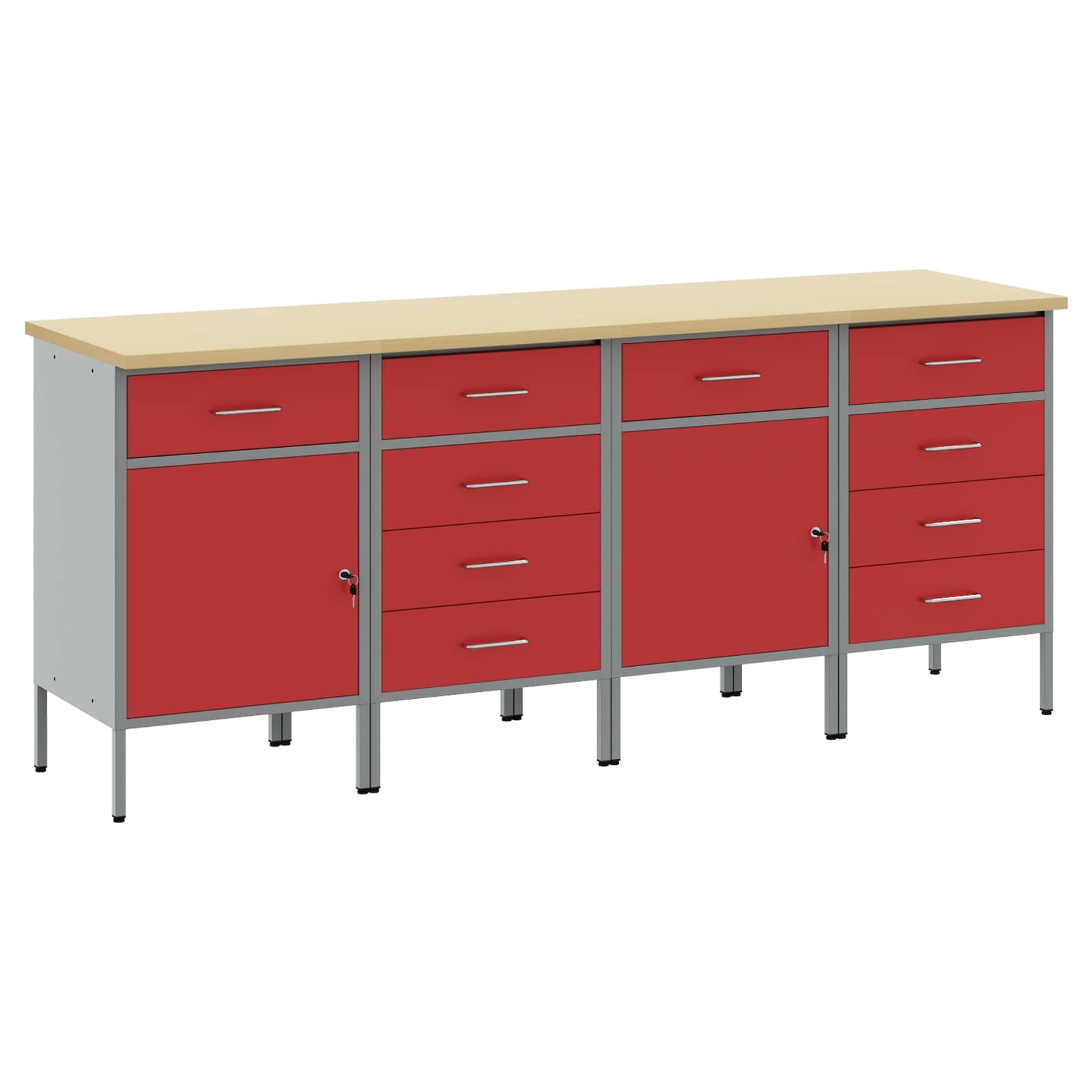 Banco da Lavoro Moderno con 4 Cassetti Rosso e Grigio 200 x 55 x 85 cm in Legno e Acciaio Robusto Banco da Lavoro per Officina Design Loft Industrial Storage Versatile