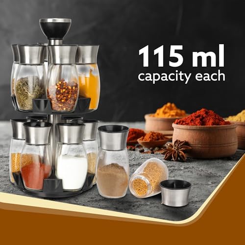 Image of AGARO Elegant Glass Spice Jar with Holder, Set of 12, Spinning Spice Storage Rack, Rotating Spice Holder, Spice Containers, Spice Seasoning Organizer, Masala box for Kitchen, Kitchen Storage Rack