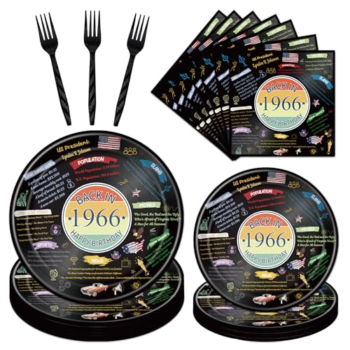 Yoyuspy Happy 60th Birthday Decorations - 96 Pcs Vinyl Record 1966 Birthday Plates Napkins Forks Tableware Decoration, Vintage Back in 1966 Party Dinnerware Set for Man Woman Serve 24