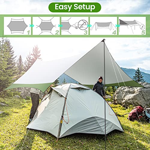Cobizi Camping Canopy Camping Tarp Waterproof, 14×12Ft Rain Fly Rain Tarp Camping Shade With 2 Poles For Camping, Picnic, Hiking, Backpacking (Green & Grey) #TOP6