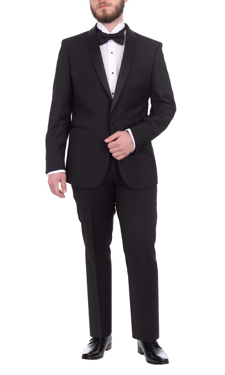 Gino Vitale Slim Fit Solid Black One Button Tuxedo Suit Satin Shawl Lapels