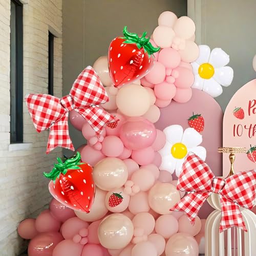 Image of Strawberry Balloons Gingham Globos De Fresa Strawberry Birthday Party Decorations Picnic Birthday Decoration Globos De Fresas Para Cumpleanos Strawberry Baby Shower Decor Berry Sweet Baby Shower Decor