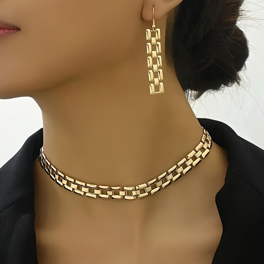 GIGB PBDK Gold Strap Chain Earrings Necklace Set, Vintage Minimalist Statement Jewelry Set, Dainty Versatile Cuban Jewelry Gift for Women - Image 4