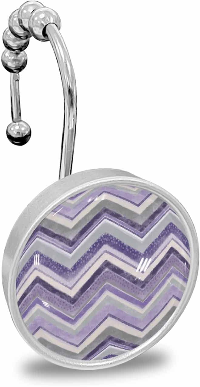 Shower Curtain Hooks 12 Pcs, Northern Europe Purple Geometric Wave Stripes Stainless Steel Rust Proof Rolling Shower Curtain Rings, Decorative Shower Curtain Hooks Hangers for Bathroom, Bath Ball