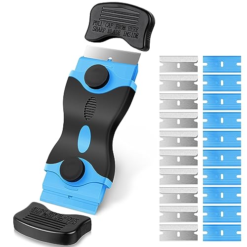 Ainiv Rasqueta Vitroceramica, Rascador para Vitrocerámica, Incluye 20 Cuchillas de Repuesto, Raspadores de Cristal con Mango Largo para Rascar Etiquetas, Adhesivos, Sellos O Pintura en Vidrio(Azul)