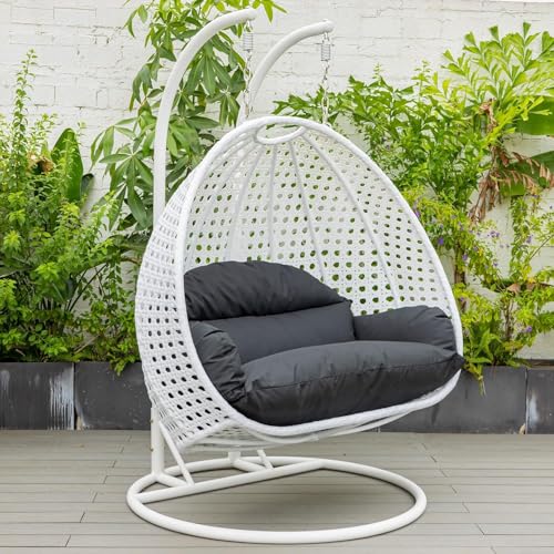 Image of Double Seater Hammock Swing Chair with Stand & Cushion | Heavy Duty Powder Coated Steel Frame | Outdoor Indoor Hanging Swing for Patio Balcony Garden Terrace Living Room (White-Black)