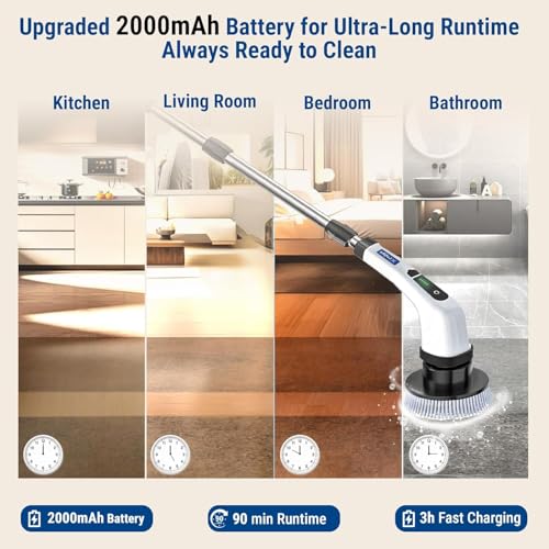 Image of Royal Electric Spin Scrubber, Cleaning Brush Scrubber for Home, 300RPM /Min, 8 Replaceable Brush Heads, 90 Min Work Time, 3 Adjustable Size, 2 Adjustable Speeds, for Bathroom, Floor Tiles (White)