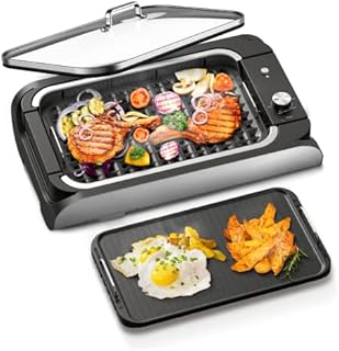 Smokeless Electric Grill, Electric Barbecue Grill 1400W for Indoor, Smokeless BBQ Grill with Tempered Glass Lid, Drip Tray, 2 Removable Non-Stick Plates, Smokeless Grill 14.5 x 9 Inch for Party, Home
