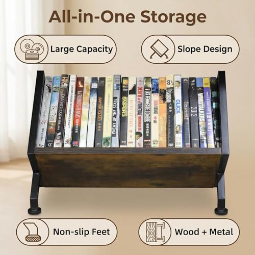 Image of DVD & CD Storage Rack, Blu ray Storage Shelve Holds Up To 28 DVD Cases, Wooden Media Holder also Used for CDs, Video Game, Vhs Taps Storage, Retro Style Desktop organizer