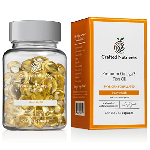 Crafted Nutrients Premium Omega-3 Fish Oil 600mg Softgels - 1200mg per Serving High Potency, Natural Lemon Flavor | Brain and Cardiovascular Health, DHA & EPA, Non-GMO - 60 Premium Soft Gels