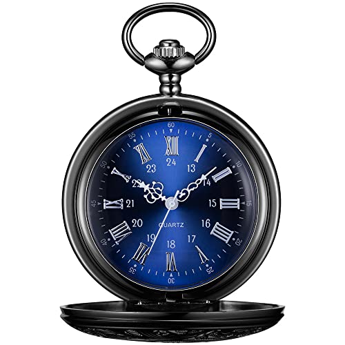 BOSHIYA Quartz Pocket Watch with Chain Mens Vintage Steampunk Pocket Watch/Roman Numerals/Hollowed Out Watch Cover/Gift Box by BOSHIYA - Used condition - US$8.15