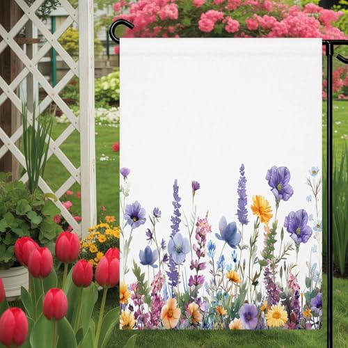 Garden Flag Watercolor Botanical Spring Flower,Welcome House Flags for Outdoor Yard Porch, Lavender Daisy Floral on White Double Sided Holiday Banner for Party Home Decor
