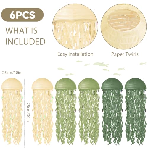 Image of Jellyfish Paper Lanterns 6 Pcs Hanging Ocean Sea Party Decor | Jelly Fish Paper Lanterns for Mermaid Under The Sea, Ocean, Baby Shower and Spongebob Birthday Party Decorations