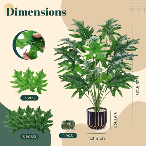 Image of Der Rose 28 inch Artificial Plants Indoor, Philodendron Plant in Black Gold Pot