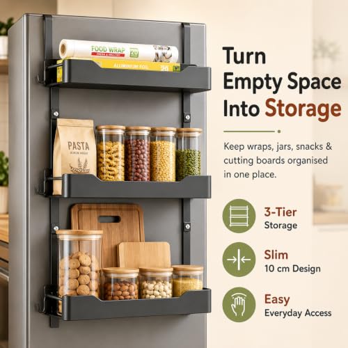 Image of Homero 3-Layer Carbon Steel Refrigerator Side Storage Rack | Self Adhesive Stick on Shelf for Kitchen & Pantry, Rust-Proof Durable Spice, Snacks and Jar Organizer with High Load Capacity