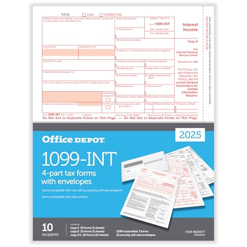Office Depot® 1099-INT Laser Tax Forms with Envelopes, 4-Part, 2-Up, 8-1/2" x 11", Pack of 10 Form Sets