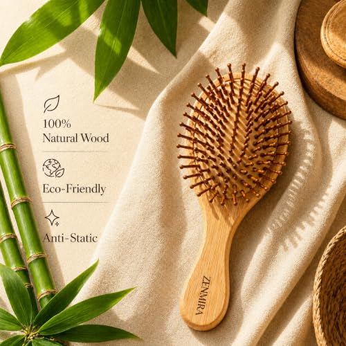 Image of ZENMIRA Round Bamboo Paddle Hair Brush with Natural Boar & Nylon Bristles - Eco-Friendly Wooden Detangling Hairbrush for Women & Men - Anti-Static Scalp Massage Brush for All Hair Types