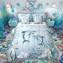 Dolphin Comforter Set 7 Piece Bed in a Bag Twin,Teal Blue Ocean Beach Coastal Bedding Set Starfish Octopus Tentacles Sheet Sets with Comforter Underwater Creature Coral Bed Set,Kawaii Fish Room Decor