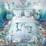 Dolphin Comforter Set 7 Piece Bed in a Bag Twin,Teal Blue Ocean Beach Coastal Bedding Set Starfish Octopus Tentacles Sheet Sets with Comforter Underwater Creature Coral Bed Set,Kawaii Fish Room Decor
