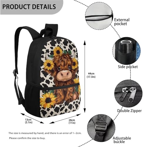 WELLFLYHOM Personalized Highland Cow Kids Book Bags for Girls Ages 6-8 Custom Sunflower School Bookbag and Lunchbox Pencil Case Water Bottle Sleeve 4 Pcs Kids Backpack Set3