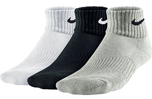 Image of Nike New 3 Pack Youth Cotton Cushion Qtr Socks w /Moisture MGT Wht /Grey /Blk Youth Medium