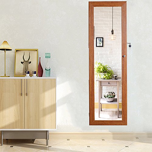 Organizedlife Oak Mirrored Jewelry Cabinet Case With Lock Wall/Door Mount #TOP1
