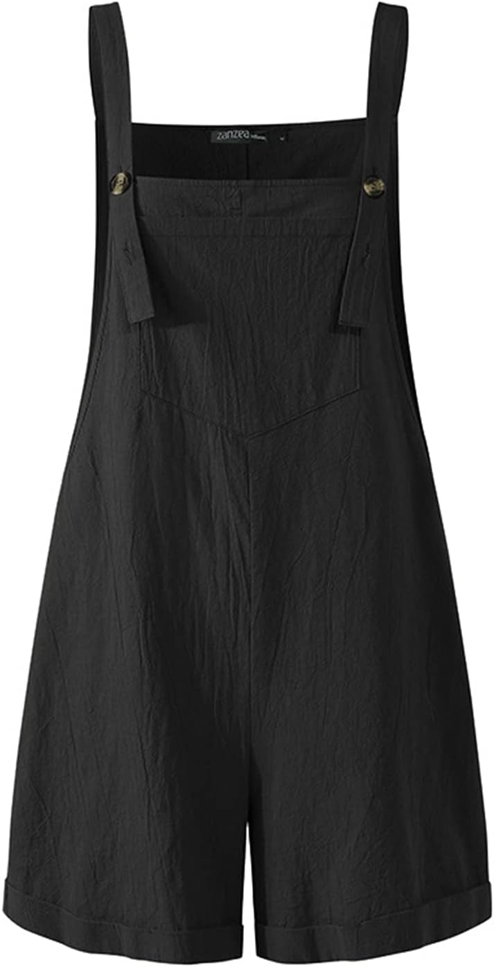 LAEMILIAWomen Casual Short Overalls Cotton Linen Wide Leg Rompers Jumpsuit Bib Shorts One Piece