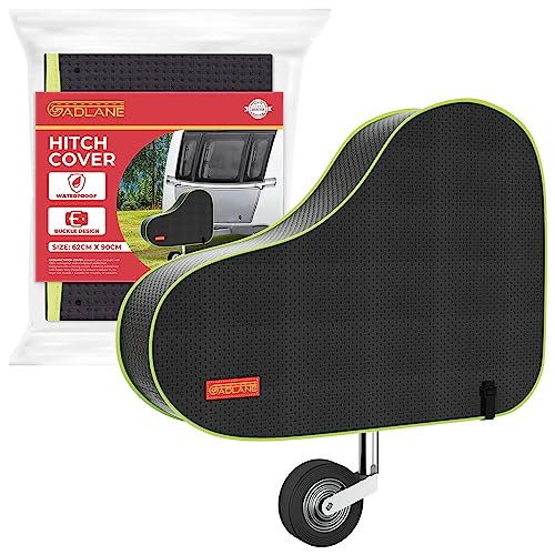 GADLANE Caravan Hitch Cover With Strap - Waterproof Tow Bar Cover, 62cm x 90cm, Heavy Duty Nylon With Green Fluorescent Strip, For Most Caravans/Motorhomes/Trailers (Black)