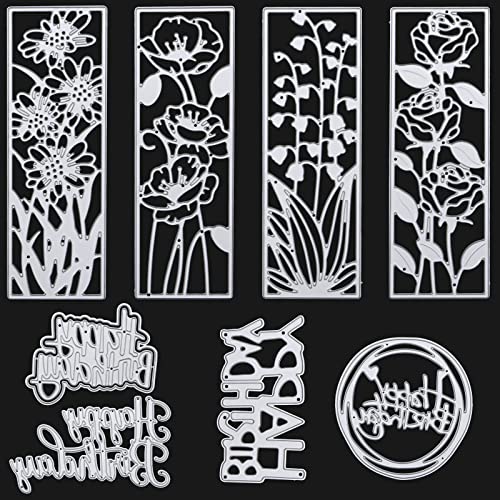 VEGCOO Die Cutting for Card Making, 8 Pcs Metal Happy Birthday Card Making Supplies & Flower Cutting Dies, DIY Embossing Machine Dies for Card Making Decoration for Scrapbook/Crfat/Album
