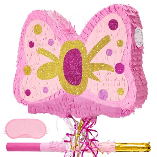 WERNNSAI Piñata Nœud Papillon - Décoration Piñata Nœud Papillon Rose avec Bâton et Bandeau pour Filles Enfants Thème Princesse Fête D'Anniversaire Jeux...