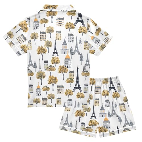 ALAZA Tree Paris Eiffel Tower House Satin Pajamas Set Short Sleeve Button Down Sleepwear Summer Pjs 2 Piece2