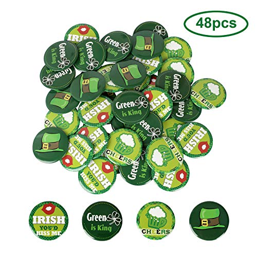 Mewtogo 48pcs St. Patrick's Day Green Irish Pins- 4 Different Design Green Shamrock Hat Beer Cup Irish Pins Badges Funny Metal Button Pins for Party Favors Parade and Celebration