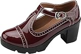  DADAWEN Damen T-Strap Plateau Blockabsatz Schuhe Mary Jane Oxfords Kleid Schuhe, Rot, 38 EU