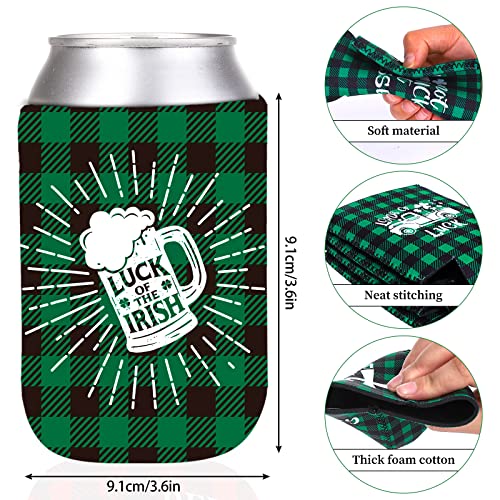 Whaline 10Pcs St. Patrick's Day Can Sleeves Green Black Buffalo Plaid Can Covers Lucky Shamrock Beer White Prints Neoprene Thermocoolers For Beverages Bottles Cans Decor Irish Party Favor Supplies #TOP1