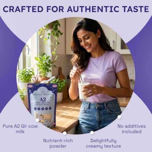 Image of Heritage Wellness A2 Gir Cow Milk Powder 450gm Pack - Premium A2 Gir Cow Milk Powder for Whole Milk Experience - Rich Full Cream - Ideal for Beverages - Nutrient-Rich and Delicious