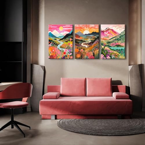 3Pcs Colorful Watercolor Mountain Canvas Wall Art Boho Floral Painting Picture Wall Decor Abstract Nature Landscape Poster Print Artwork for Living Room Bedroom Bathroom Office Home Decoration