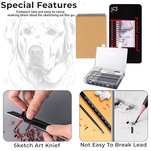 Image of DaKos Professional Sketching Pencil Set for Artists - Art Supplies for Shading & Sketching Complete Drawing Kit with Graphite Pencils in Tin Box, A5 Sketchbook & Carry Case (35 Pcs)