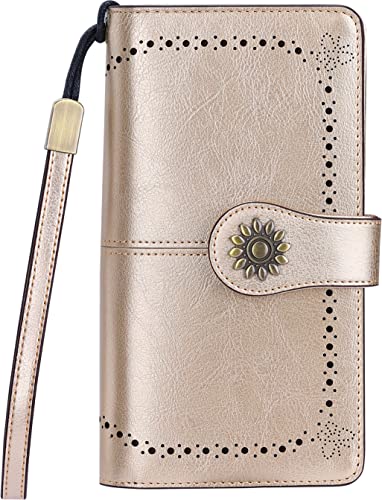 Lavemi Womens Large Capacity Genuine Leather RFID Blocking Wallets Wristlet Clutch Card Holder(Champagne Gold)