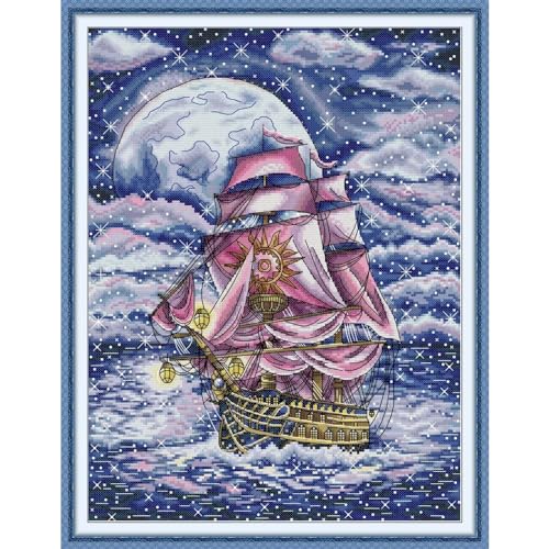 Image of Stamped Cross Stitch Kits Full Range of DIY Needlepoint for Adult Beginners Sailing Under the Stars Pattern, for Gift and Home Decor 14CT 2 Strands 13.7x17.3 inch