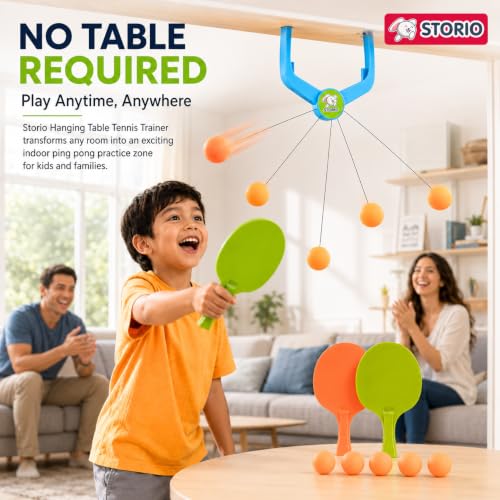 Image of Storio Hanging Table Tennis Trainer, Door Mounted Ping Pong Training Set with 2 Rackets and 5 Balls, Indoor Reflex Training Toy for Boys and Girls Age 5-14 Years