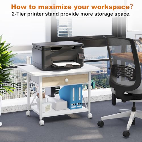 fineway 2-Ebene Druckertisch mit Rollen, 60x40x43cm Druckerständer Schreibtisch mit Stoffschubladen, Multifunktional Druckerwagen, Mobil Drucker Regal für Büro Zuhause Office Schule