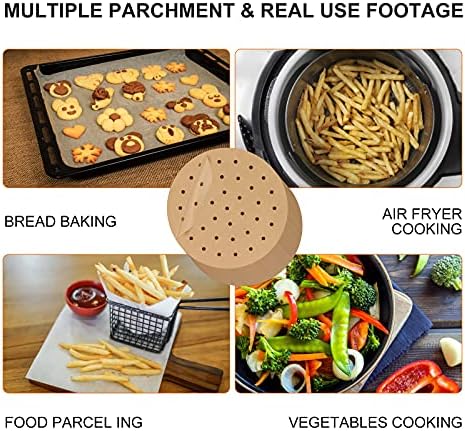8 inch Air Fryer Parchment Paper Sheets by ASTER, 100 Pcs Perforated Air Fryer Liners/Steaming Parchment Liner, Non-Stick Parchment Paper for Air Fryer, Baking Cookies, Cooking, Bamboo Steamer